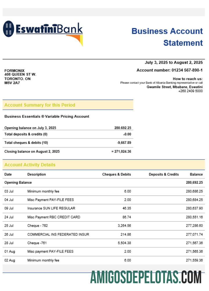 Em branco Swazibank Limited Company Extrato de conta corrente modelo Word e PDF